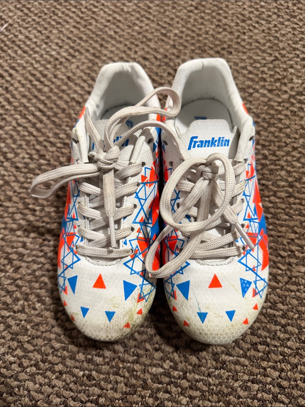Kids White Athletic Shoes with Blue & Orange Triangles cleats youth